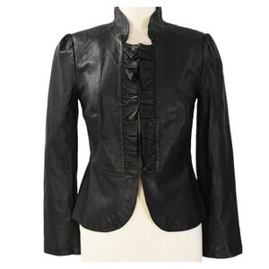 WHBM Leather Jacket SzS Ruffle Blazer Y2K Victorian Steampunk Puff Sleeve Peplum